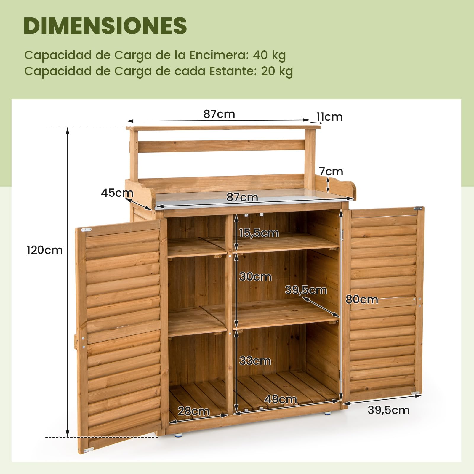 COSTWAY Armario Exterior de Madera Abeto, Cobertizo Exterior con Encimera de Metal Galvanizado, Estantes Extraíbles y 2 Puertas, Caseta Jardin Terraza Balcon, 87 x 45 x 120 cm (Natural)