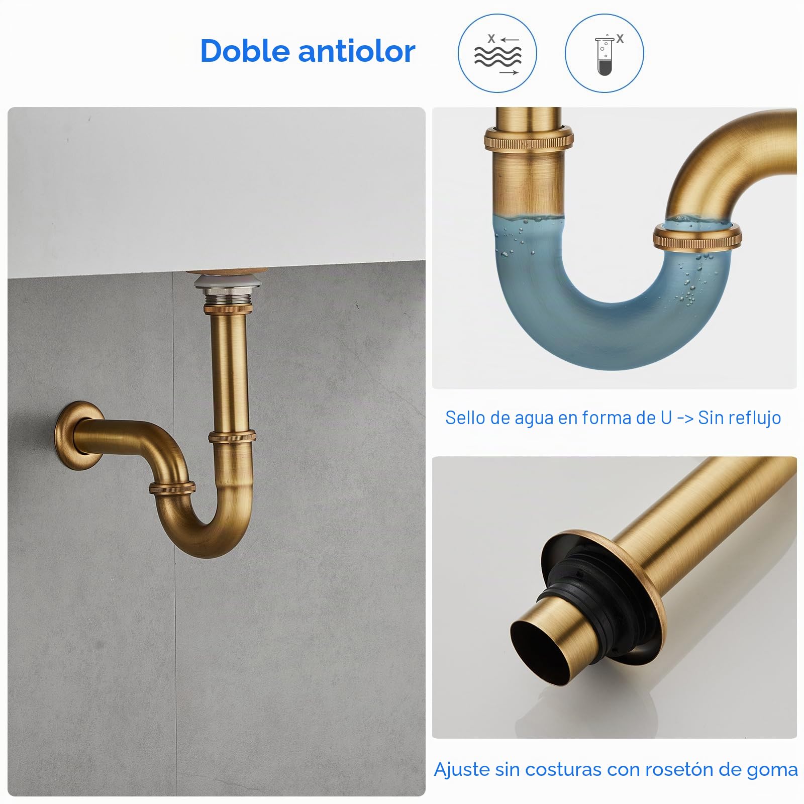 Trampa P de acero inoxidable de 1 1/4 pulgadas x 32 mm, universal para lavabo y lavabo, altura ajustable, trampa de olores, tubo de drenaje de latón envejecido con acabado cepillado