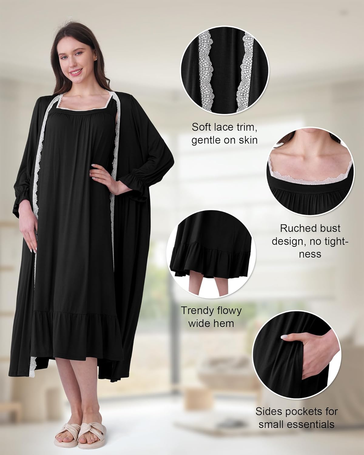 2 Pcs Lace Maternity Nursing Nightgown and Robe Set for Women Nursing Pajamas Gown Breastfeeding Pjs for Hospital