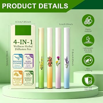 4 Pcs Herbal Diffuser Pen, Portable Aromatherapy Inhaler Stick, Anxiety Pen for Cleanse Breathing Aid Oral Air Freshening & Energy Boost