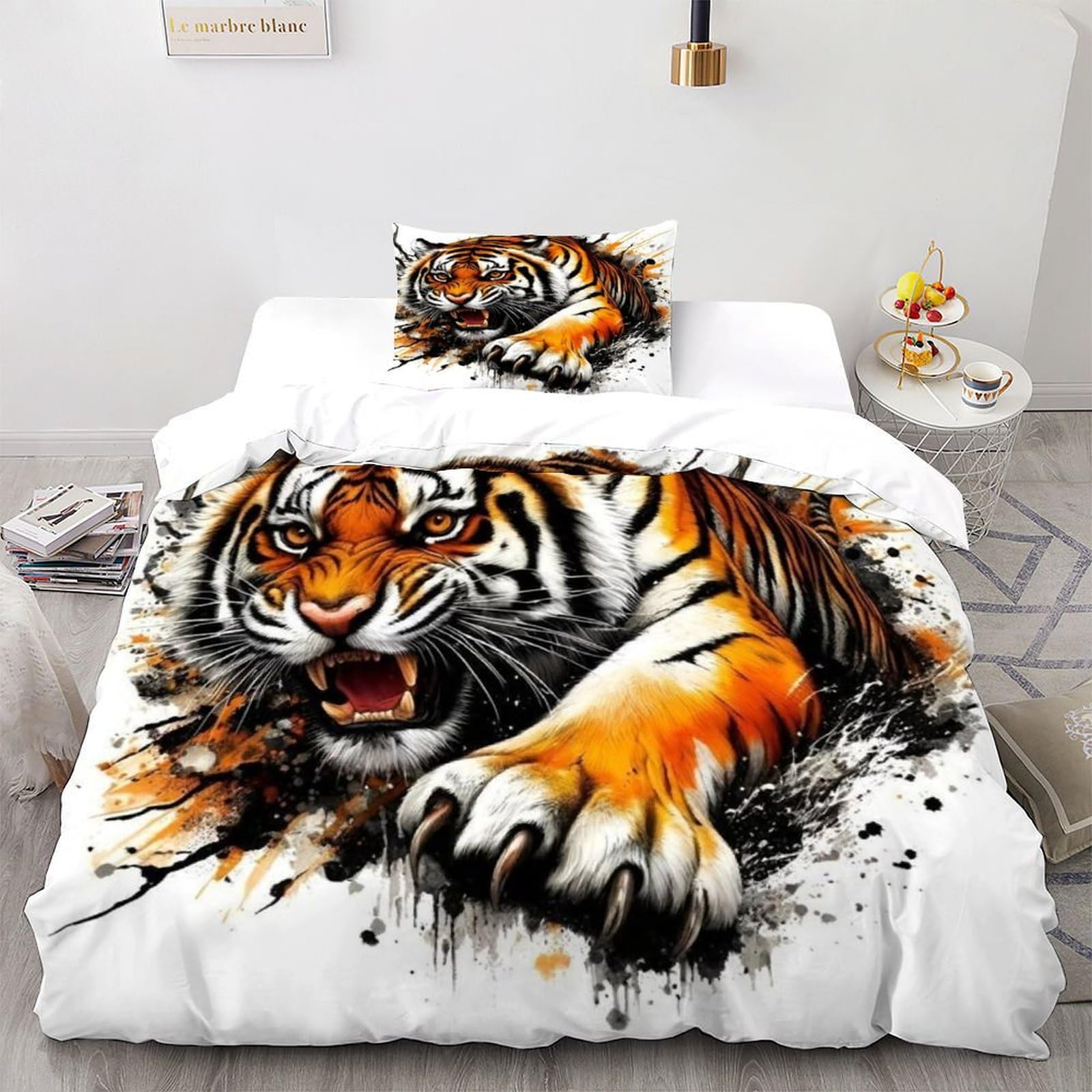 Housse de couette imprimé animal tigre 135x200 cm avec taie parure lit microfibre single