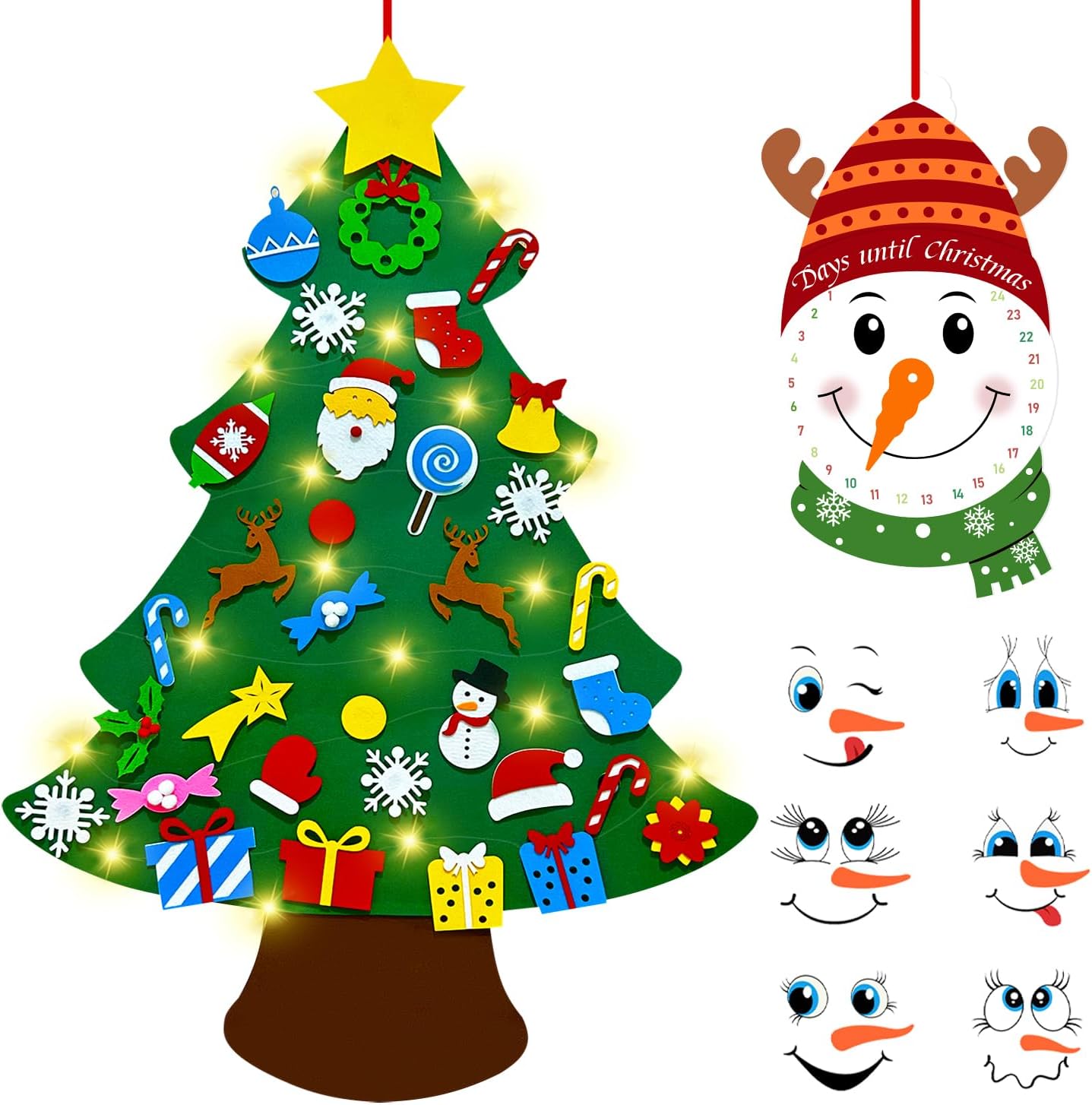 Felt Christmas Tree for Toddlers, 3.5ft Felt DIY Tree Set for Kids Wall with Lights + Snowman Advent Calendar + 6 Face Stickers + 33 Ornaments, Wall Christmas Hanging Tree Decoration Activities F-snowman warm light