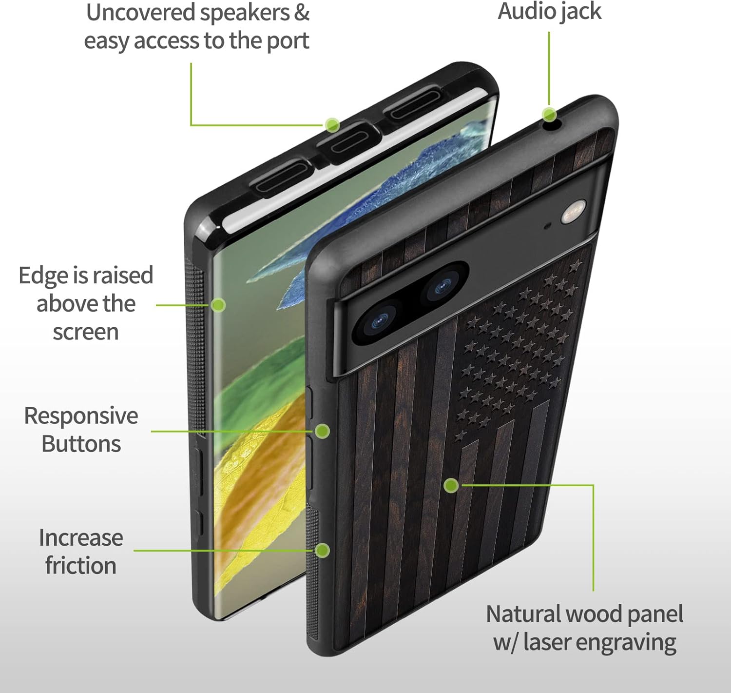 Carveit Wood Case for Pixel 7a - Natural Wood & Black Soft TPU Shockproof Protective Cover - Unique & Classy Wooden Phone Case - Compatible with Google Pixel 7a (American Flag-Blackwood)