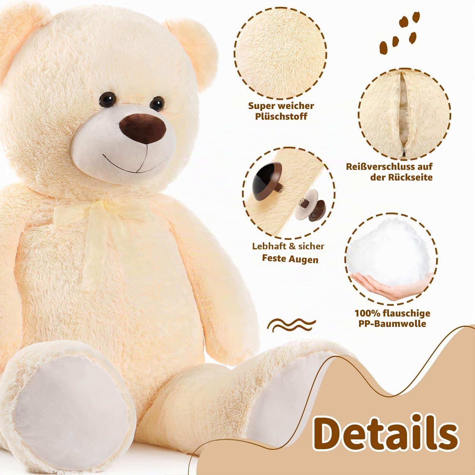 MorisMos weich riesen Teddy teddys XXL Kuscheltier, 130cm beige bär groß teddybär XXL, großer teddybären Geburtstag Weihnachten Geschenk Kinder mädchen Freundin