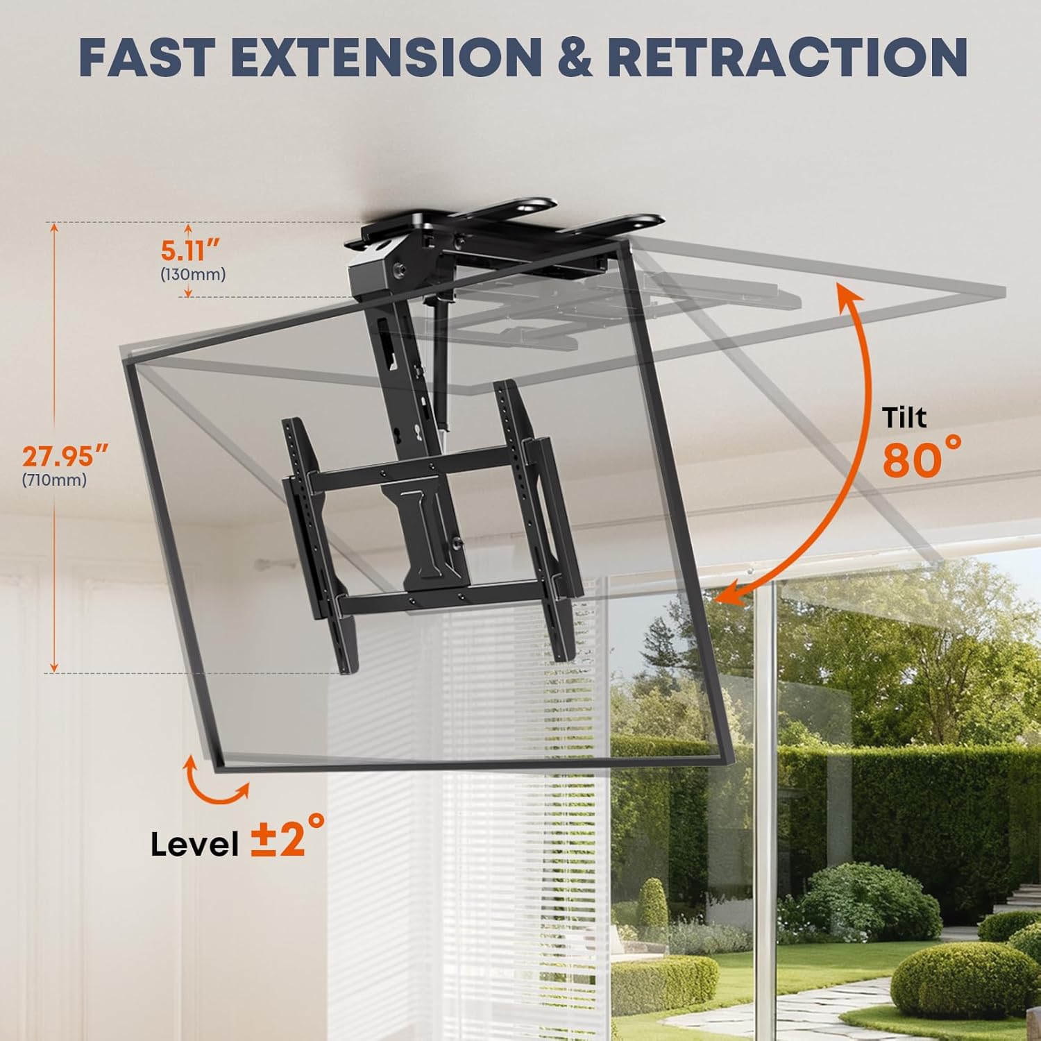 Motorized Ceiling TV-Mount Flip Down - 37 to 75 Inch Electric TV-Mount Motorized Drop Down with Remote, Max Load 99 lbs, Max VESA 600x400 mm, Black