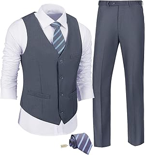 Men's 2 Piece Slim Fit Suit Set, Solid Vest and Pants Suit for Men with Tie