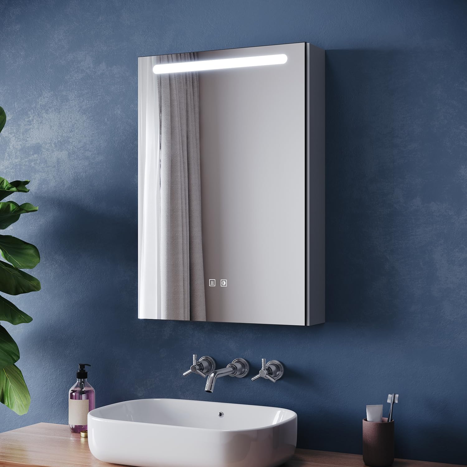 ZANOFIRA Bathroom Mirror Cabinet with LED Lights and Shaver Socket, 450x600mm Fully Assembled Wall-Mounted Mirror Storage Cabinet with 3 Colors Dimmable and Demister Pad, Grey