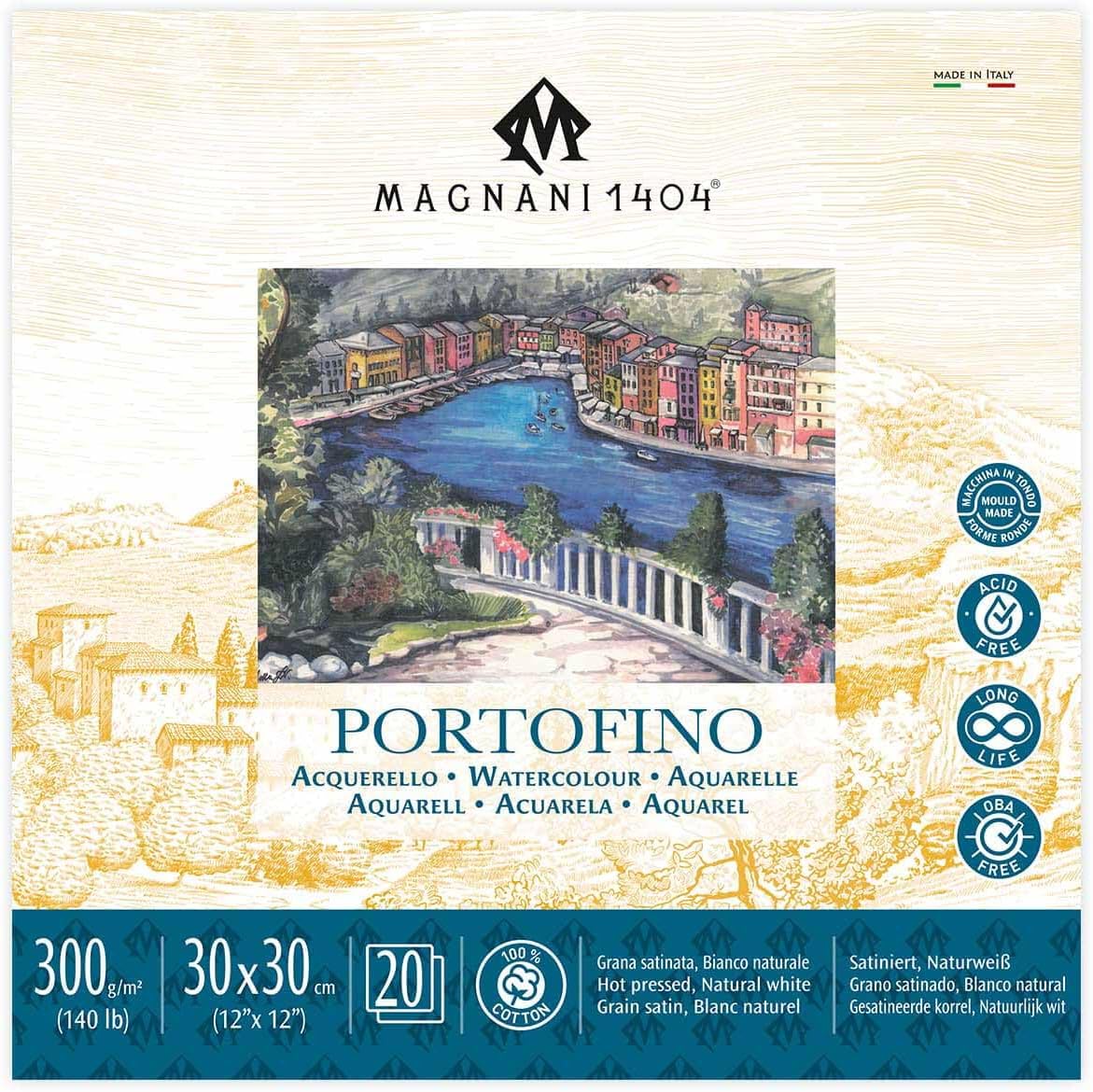 Magnani 1404 Portofino Hot Press 100% Cotton Watercolor Paper Pad, 20 Sheets, 12x12, 140 lb, Acid-Free, UV Resistant, Deckled Edges, Vegan Sized Water Color Paper for Artists, Made in Italy