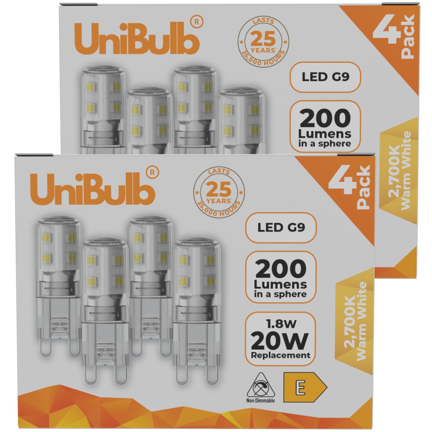 Unibulb G9 LED Light Bulbs, 200 Lumens, 1.8W (20W Halogen Equivalent), Warm White (2700k), 220-240V, Bi-Pin Base Energy Saving, T3, 25,000hr lifespan (8) — image 1