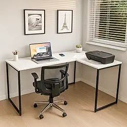 Mesa Escritório Escrivaninha Industrial em L de canto, 130x100, 100% MDF Premium Branco com Base em Aço