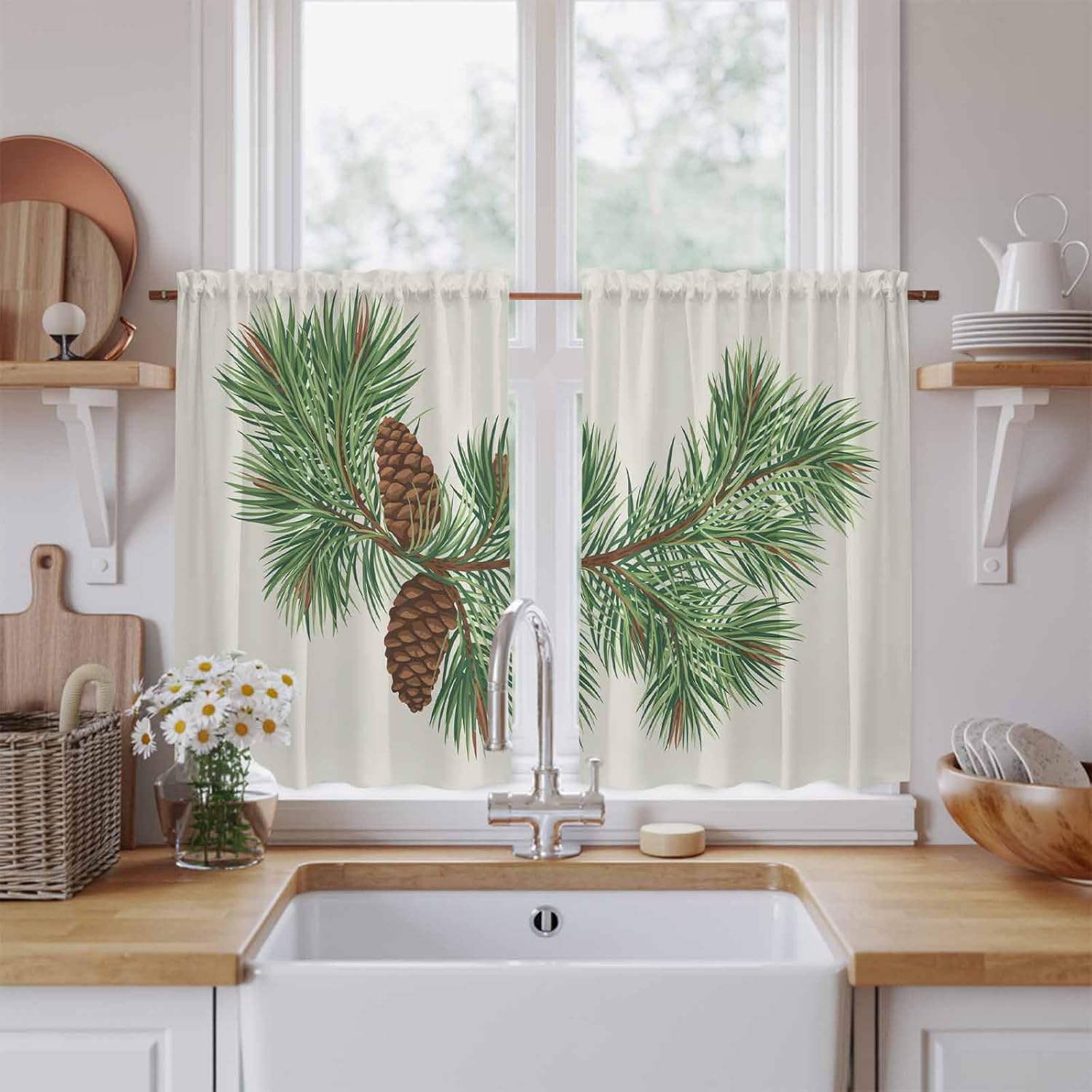 Green Pine Leaves Christmas Kitchen Tier Curtains 45 Inch Long 2 Panel Set,Rod Pocket Short Window Treatment,Xmas Botanical Pine Cones Curtains & Drapes for Bathroom Basement 27.5"W x 45"L
