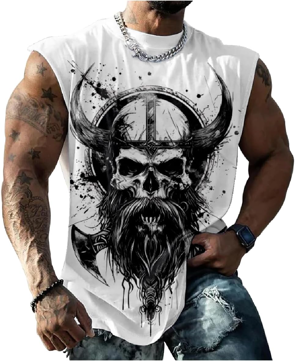 Men's Skull Tank Tops Summer 3D Printed Big and Tall Sleeveless T Shirts Crewneck Cotton Cool Graphic Sport Muscle Tee Shirts