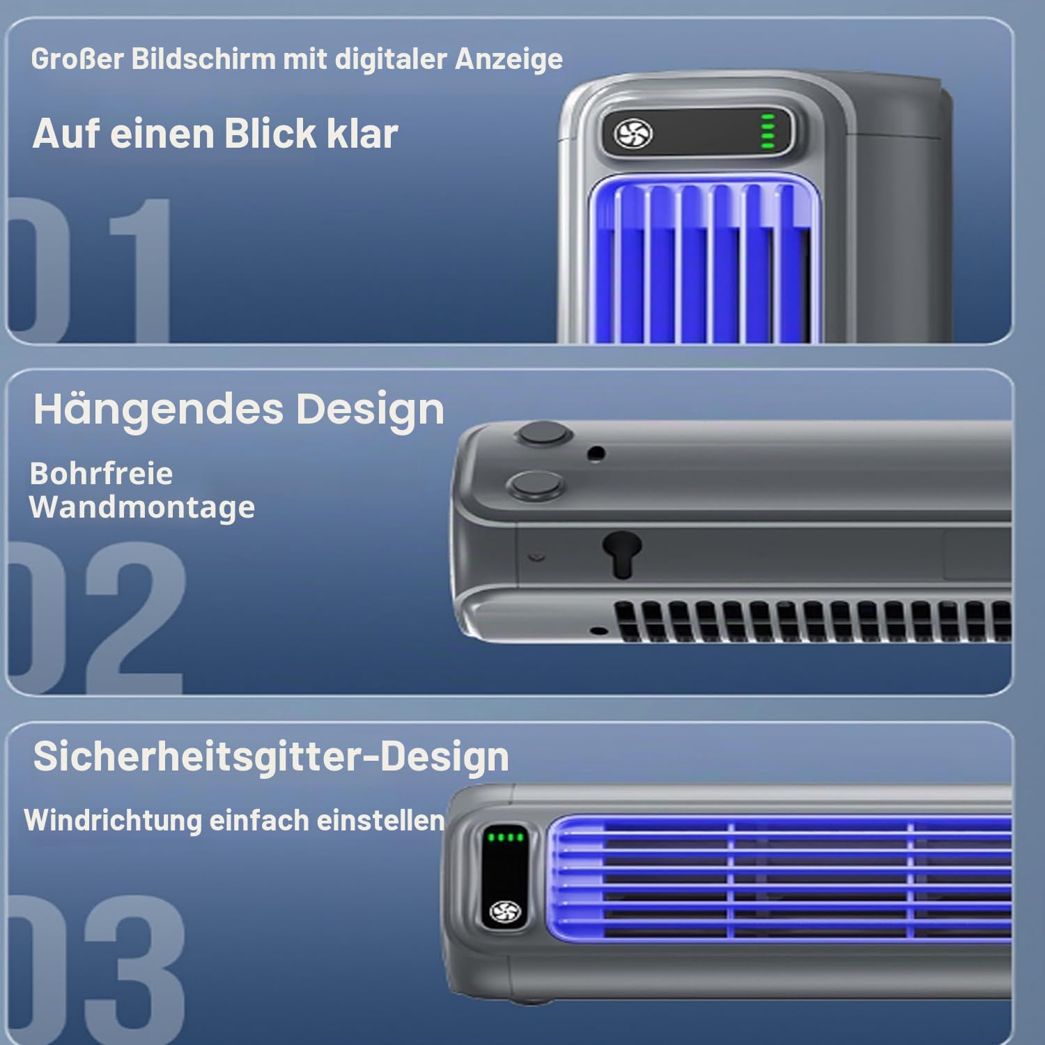Migilife Cooling Ace Tragbare persönliche Klimaanlage, leiser Kühlventilator mit 3 Geschwindigkeiten, Wandbefestigung ohne Bohren, Turmventilator, Kühlventilator (Grau)