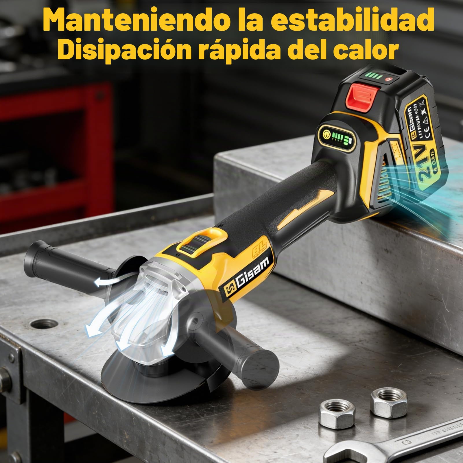 Gisam Amoladora Angular a Batería, 21V Amoladora Bateria inalámbrica con 4000 mAh, Motor sin Escobillas 12000RPM, Ø de disco 125 mm, 12 Discos para Crtar y Amolar con Precisión