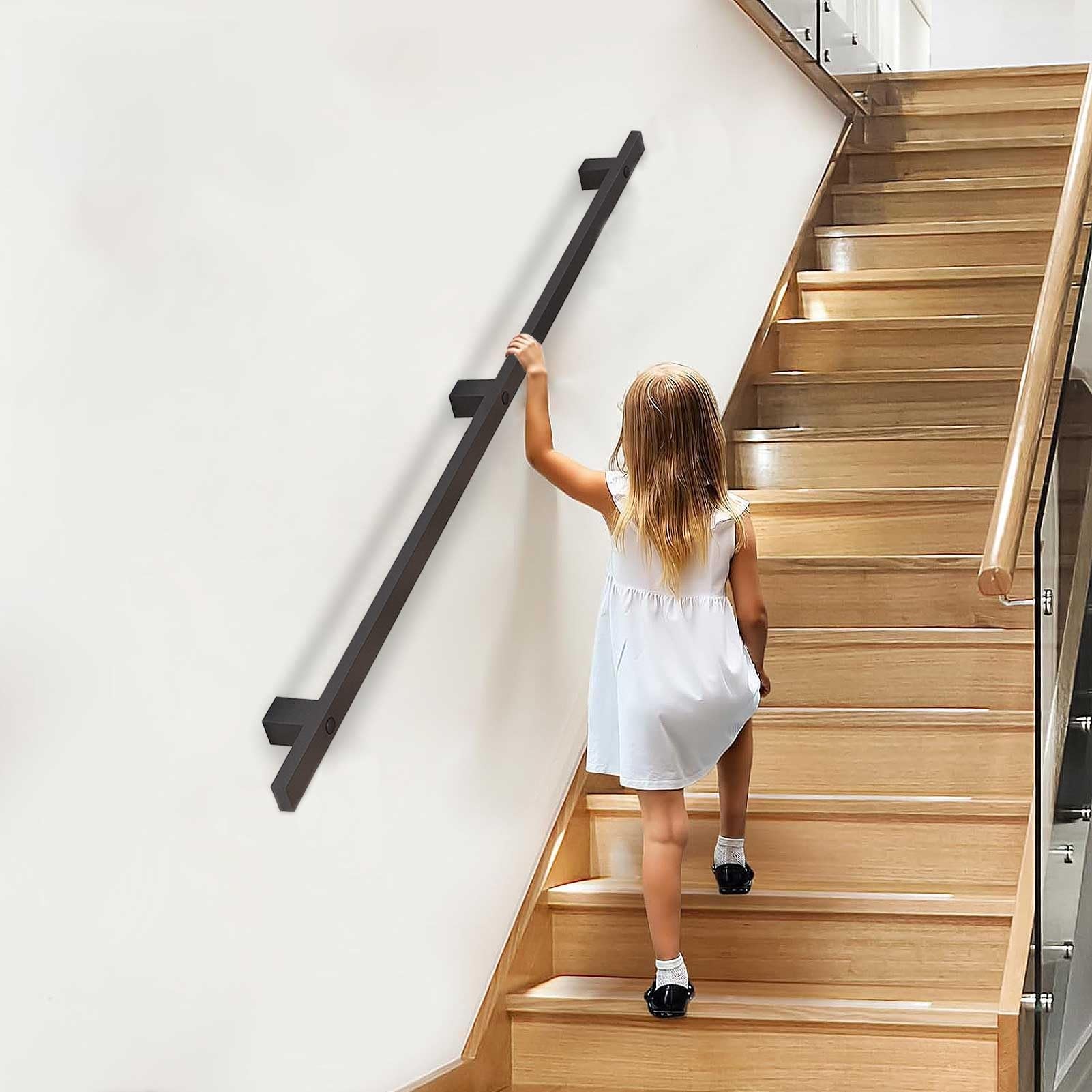 Rampe d'escalier en fer forgé noir de 240cm avec support de sécurité robuste