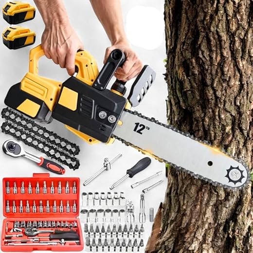 Motosserra Elétrica 48V 12 Polegadas 2 Baterias 1000mAh Corrente X-Cuti Brushless 3000W Baixa Vibração Jardim Lenha Bateria Recarregável