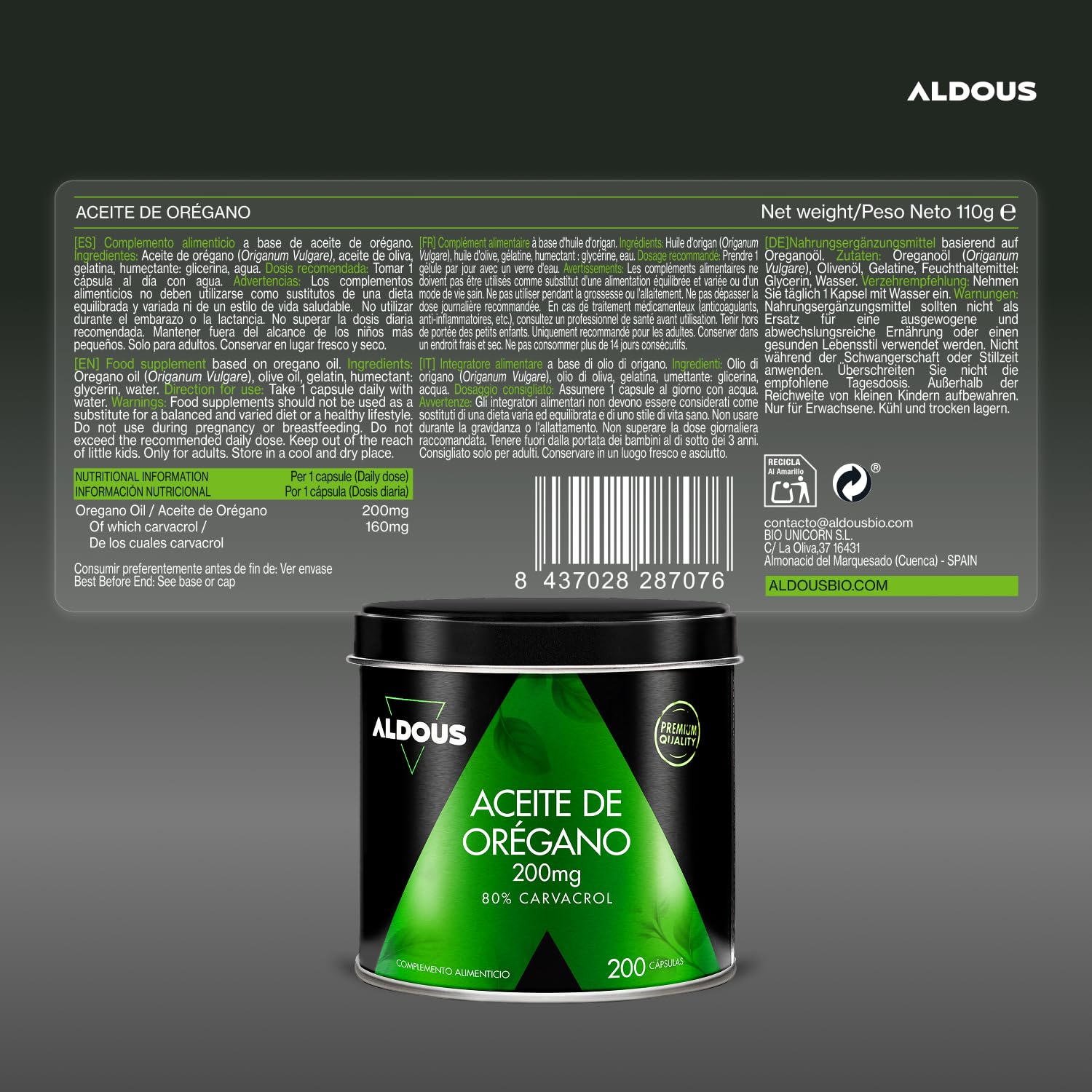 Huile d'origan en gélules avec 160 mg de carvacrol - 200 gélules - 1 par jour - Renforcement naturel du système immunitaire - Bien-être digestif et antioxydant - 80% de carvacrol - Sans additifs