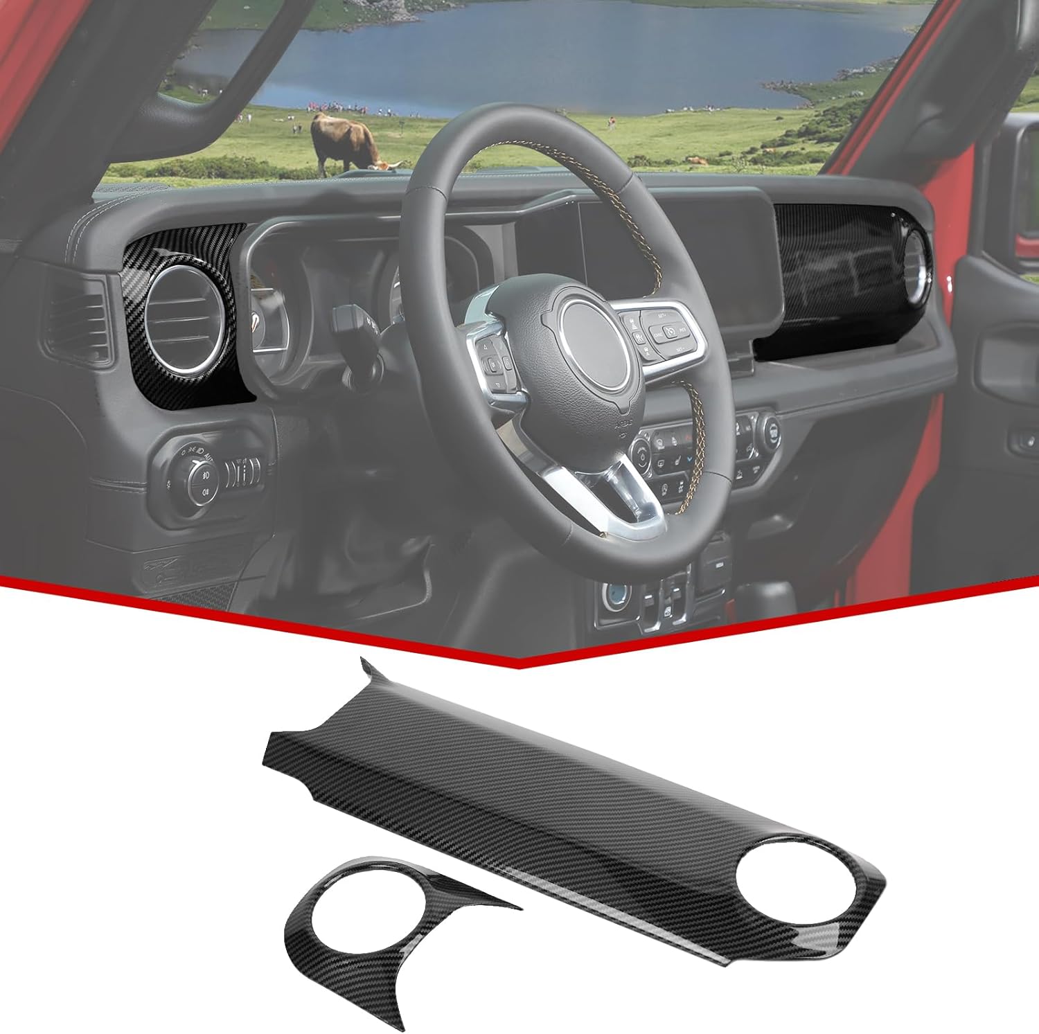 JeCar Dashboard Panel Trim Cover Center Console Decoration Kit Interior Accessories Compatible with Jeep Wrangler 2024 JL JLU & Gladiator JT Truck, Carbon Fiber Finish Black carbon fiber finish