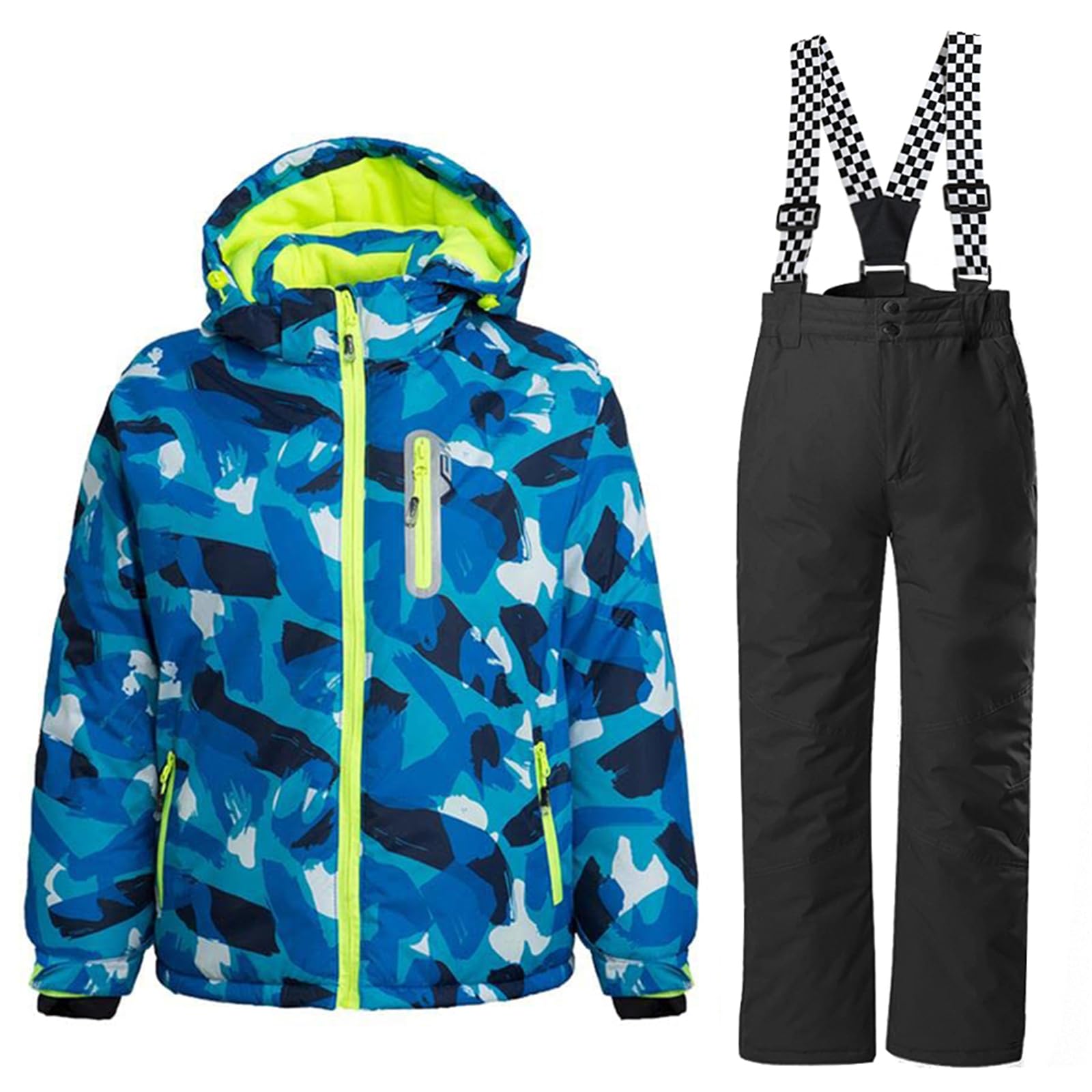 WOWULOVELY Boy's Ski Jacket Pants Windproof Snowsuit 2-Piece Set Snowboarding Outwear Ski Suit Unisex(Blue+black,Size 10)