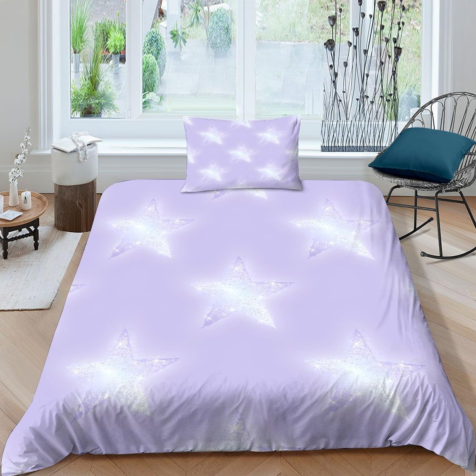 GDEKCIEAS Lilac Glitter Stars Bedding Set 2 Pieces for Kids Teens Duvet Cover Comforter Cover Bedspread Quilt Cover Ultra Soft Microfiber Zipper Closure Home Decor for All Ages Single（135x200cm）