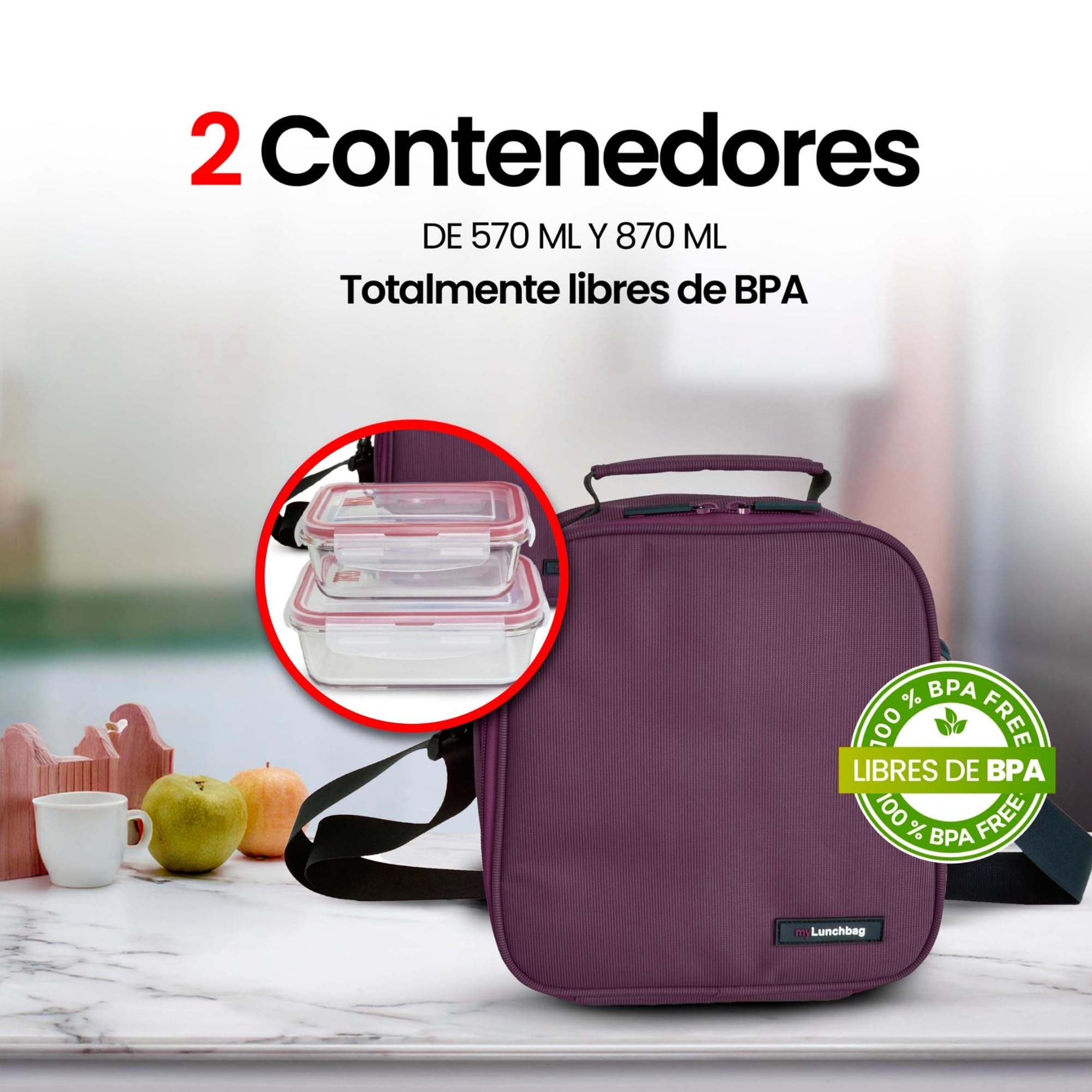 Bolsa Térmica Porta Alimentos 3,8l - Lunch Bag con 2 Tapers de Cristal de 0.57l y 0.84l, Bolsa Isotérmica de Cremallera Doble, Loncheras de Trabajo Impermeable para Oficina, Universidad, Picnic, Lila