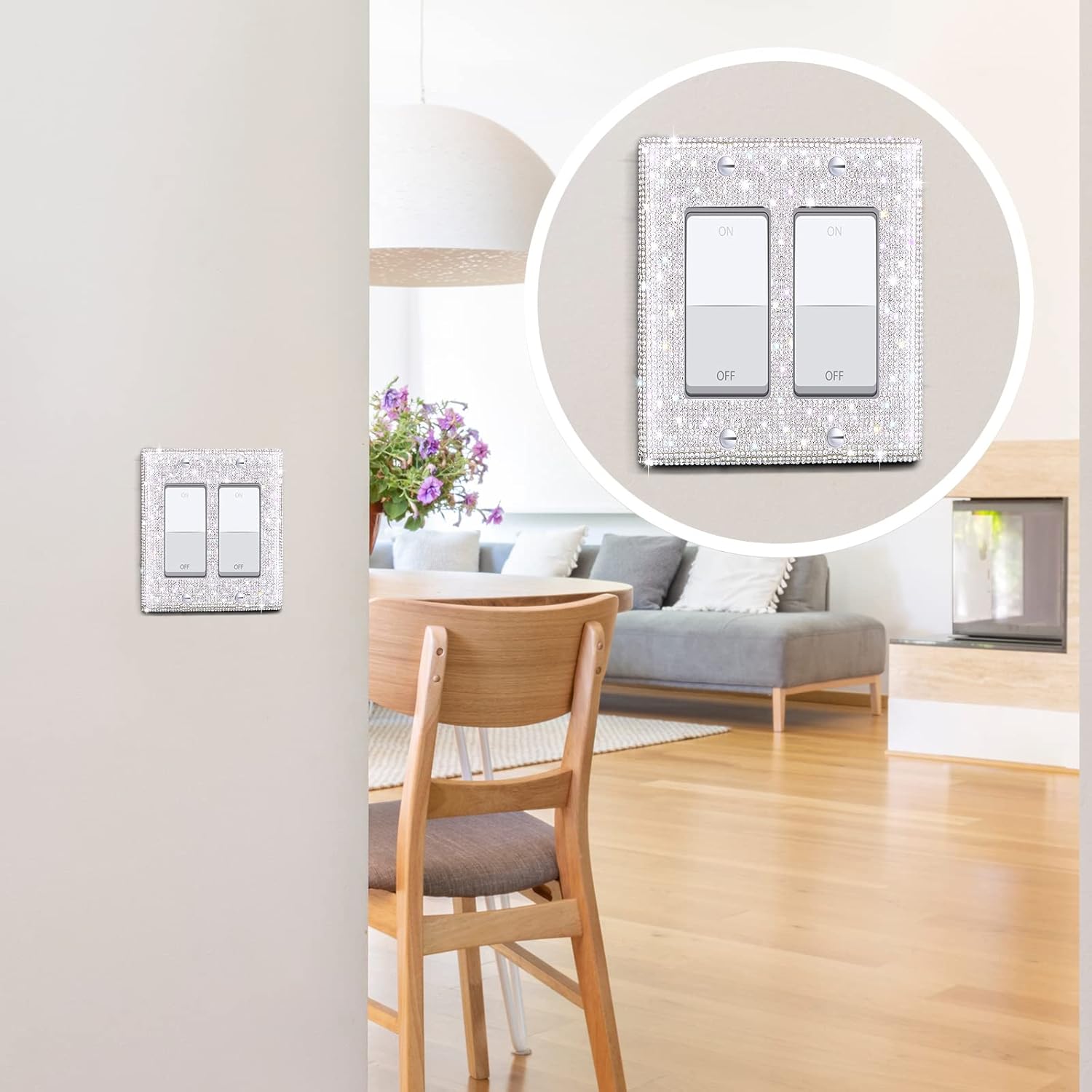 Bling Rhinestones Wall Plate Cover 2 Pcs Crystal Light Switch Cover Single 2 Gang Outlet Covers Shiny Faux Diamond Switch Plate Covers Duplex Outlet Wall Plates for Light Switches (Silver)