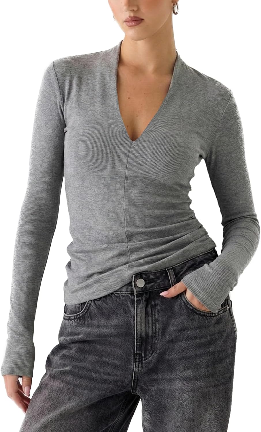 Womens Ribbed Knit Top Deep V Neck Long Sleeve Slim Fit Going Out Casual Shirt - Image 4