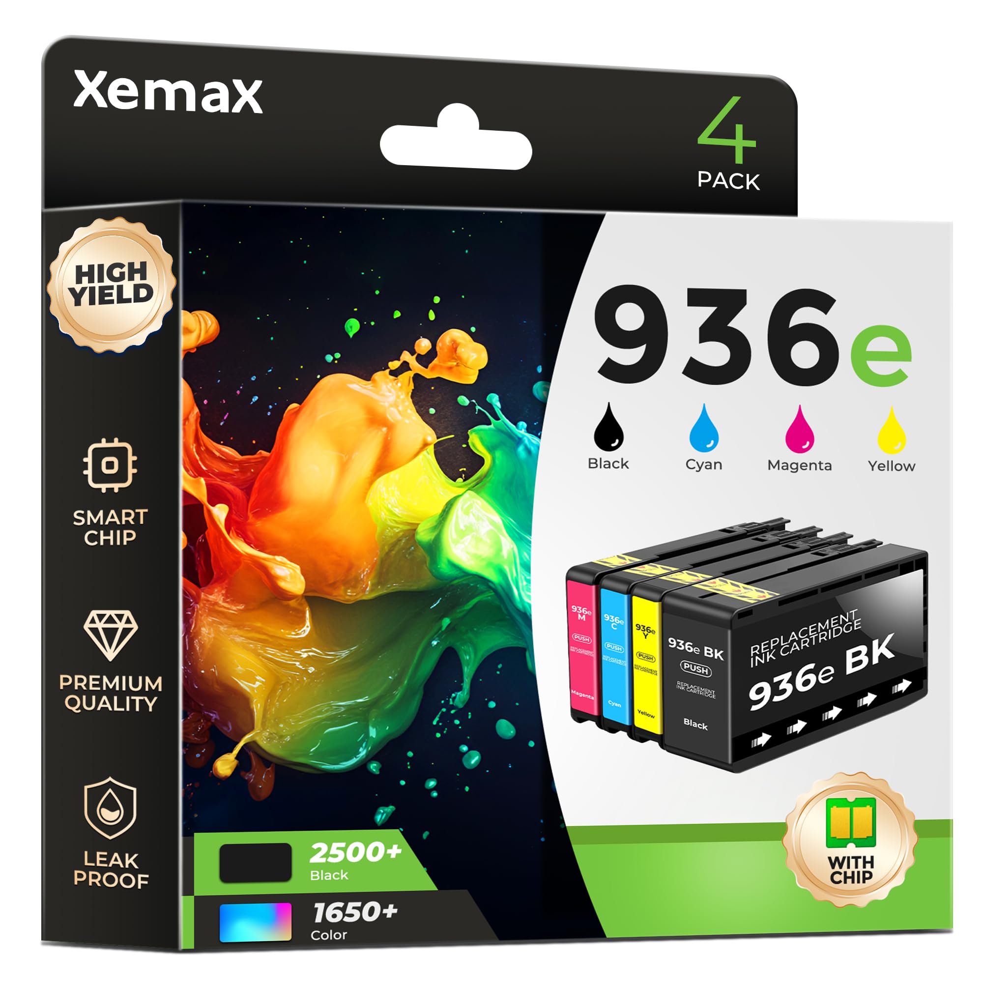Photo 1 of 936 936e Ink Cartridges 4 Pack (New Chip) Compatible with OfficeJet Pro 9125e 9135e for HP 936 936e 936xl Ink Work for OfficeJet 9122e Pro 9110b 9125e 9128e 9130b 9135e, Wide Format 9720e 9730e