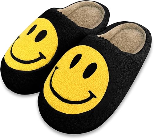 Pantuflas retro Smile Face para mujer, felpa suave, suela antideslizante, color blanco, talla US 5-11EU 36-43