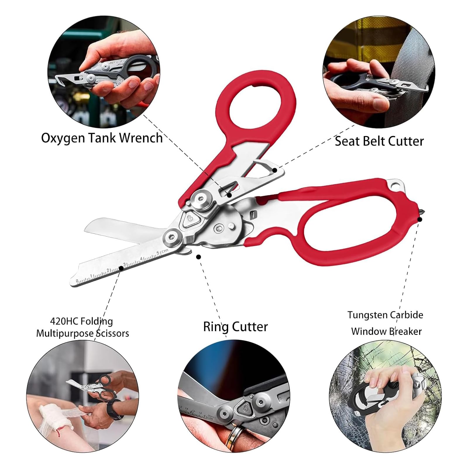 Rettungsschere Trauma Schere 6 in 1 Faltbar Trauma Schere Notfallschere Verbandsschere Mit K-Schutzhülle, Schraubenschlüssel für Professionelle Rettungsdienste, Outdoor Camping (Rot)
