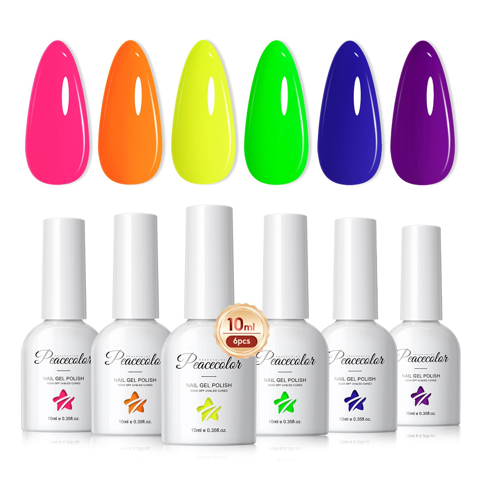 PEACECOLOR Vernis Semi Permanent Néon 10ML, 6 Couleurs Rose Orange Jaune Vert Bleu Pourpre Vernis Gel UV Semi Permanent Soak Off Gel Ongle Nail Art Manucure Cadeaux pour Femmes