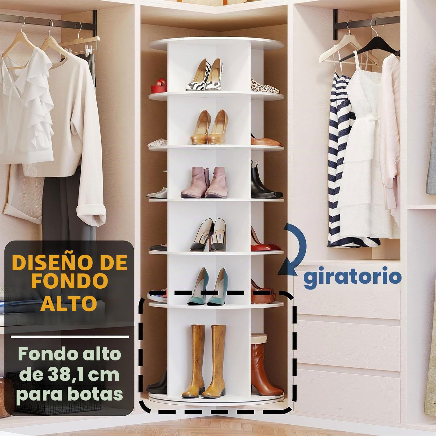Zapatero Giratorio 360 Redondo, Organizador Giratorio Zapatos Bolsos, 7 Niveles 360 Carrusel Estantería de Almacenamiento de Plástico para Armario Esquinero de Baño Armario Dormitorio Entrada
