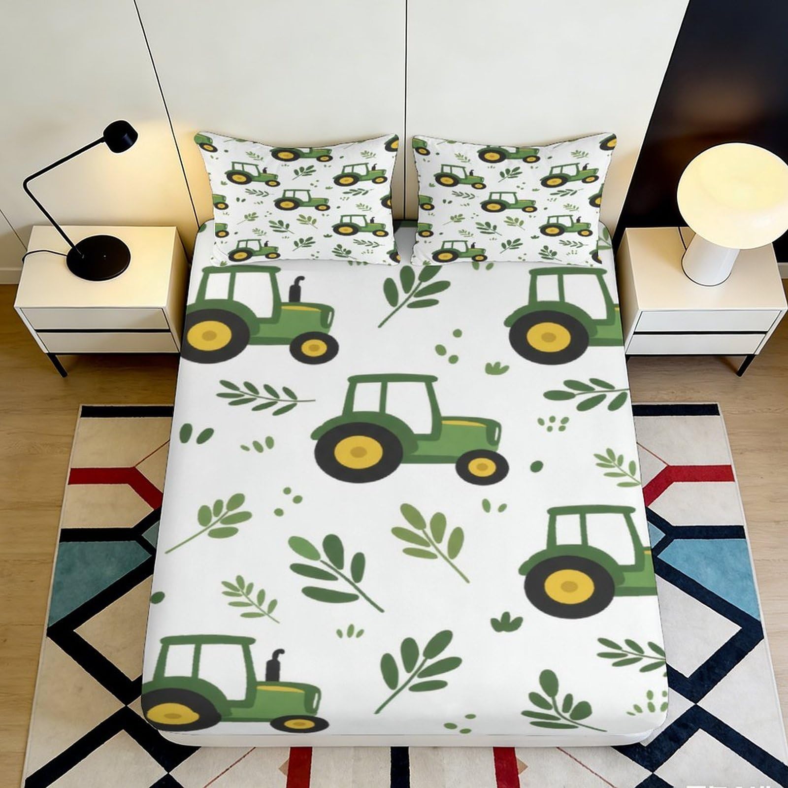 Jqzkxnhpbr Style-2 3D Printed Green Tractor Fitted Sheet Microfiber Farm Leaf Bed Cover For Bedroom Dorm Mattress Protection Decor 90X200x25cm