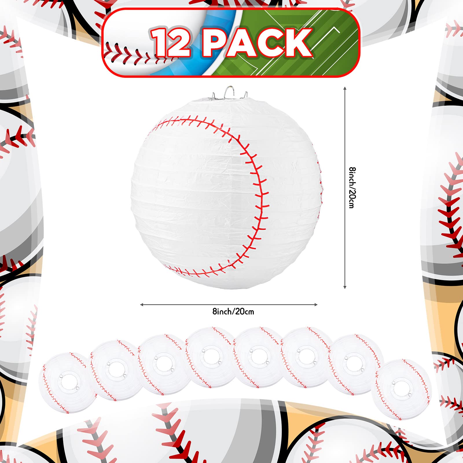 Chengu 12 Pcs Baseball Lanterns Baseball Birthday Party Decorations 8 Inch Hanging Paper Lanterns Decorations for Sports Team Party Supplies