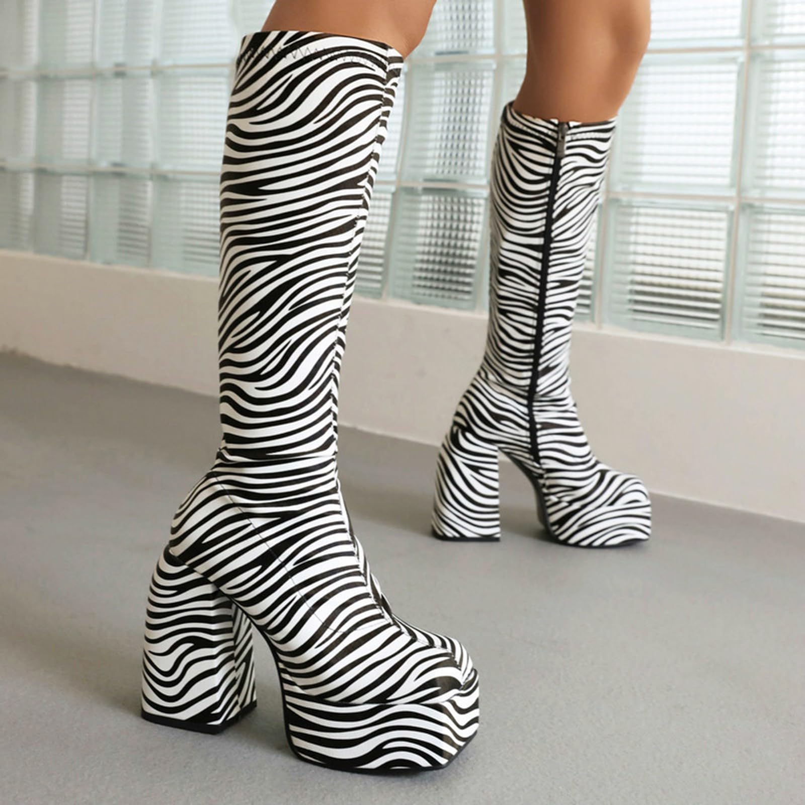 12CM/4.72IN Pailletten Dicke Ferse Super High Heel Seite Reißverschluss Knie-Hohe Stiefel Performance Ritter Stiefel