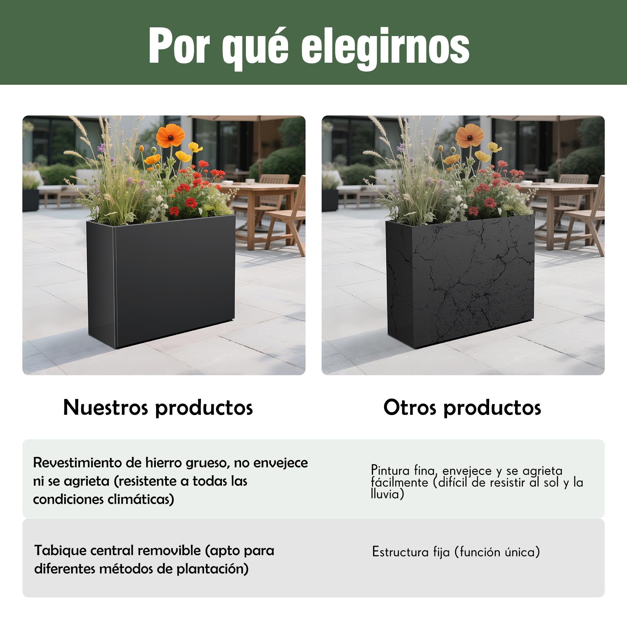 Jardinera de Exterior Grande 96 cm, Macetero Rectangular Exterior Grande Decorativo de Metal para Flores, Resistente a la Intemperie, Ideal para Balcón, Jardín y Terraza