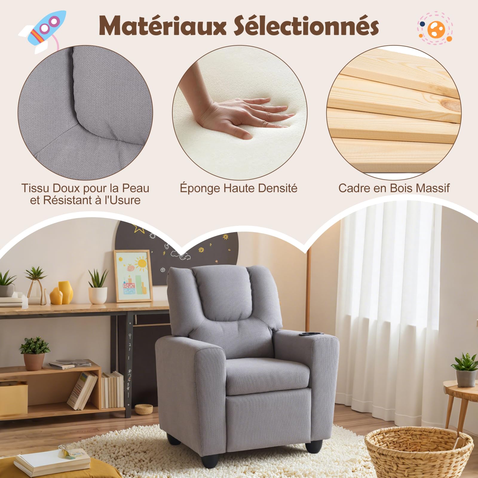 GOPLUS Fauteuil de Ralaxation Inclinable pour Enfant, Chaise de Détente Ergonomique avec Porte-gobelet, Dossier et Repose-Pieds Réglables, Surface en PU, Fauteuil Enfant 3+ Ans (Gris)