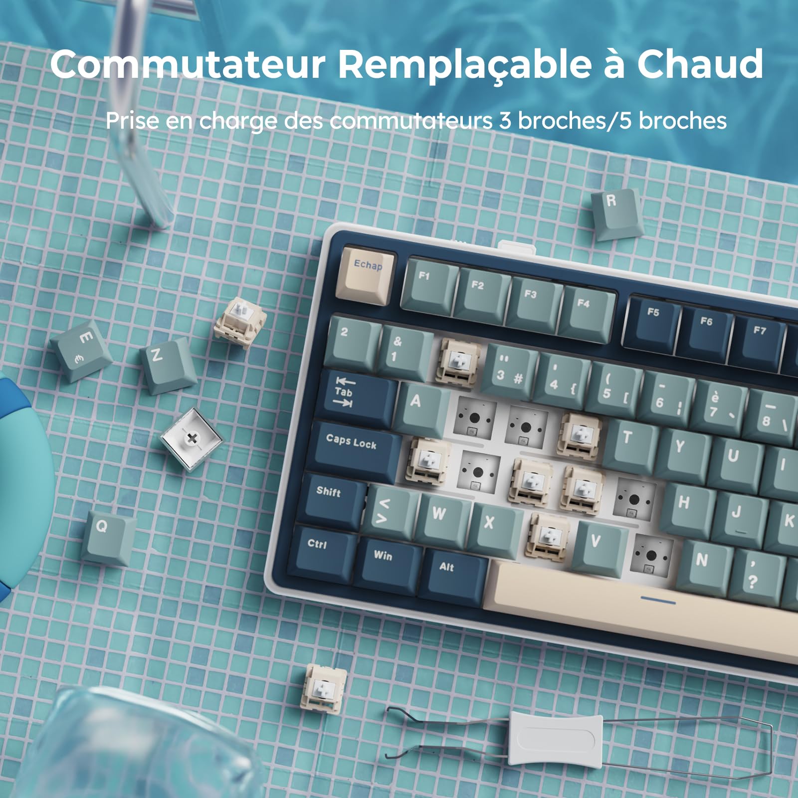 RK ROYAL KLUDGE R75 Clavier Gamer Tir Mode Gasket Mounted, sans Fil Mécanique RVB, AZERTY Français avec Knob, TKL 75% Hot Swap QMK/Via, PBT Keycaps, Creamy Switch
