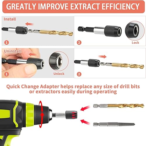 Miniatura 5 de REBRA Juego de brocas y extractor de tornillos de mano izquierda, kit de eliminación de pernos rotos Easy Out, kit de brocas de acero HSS cobalto