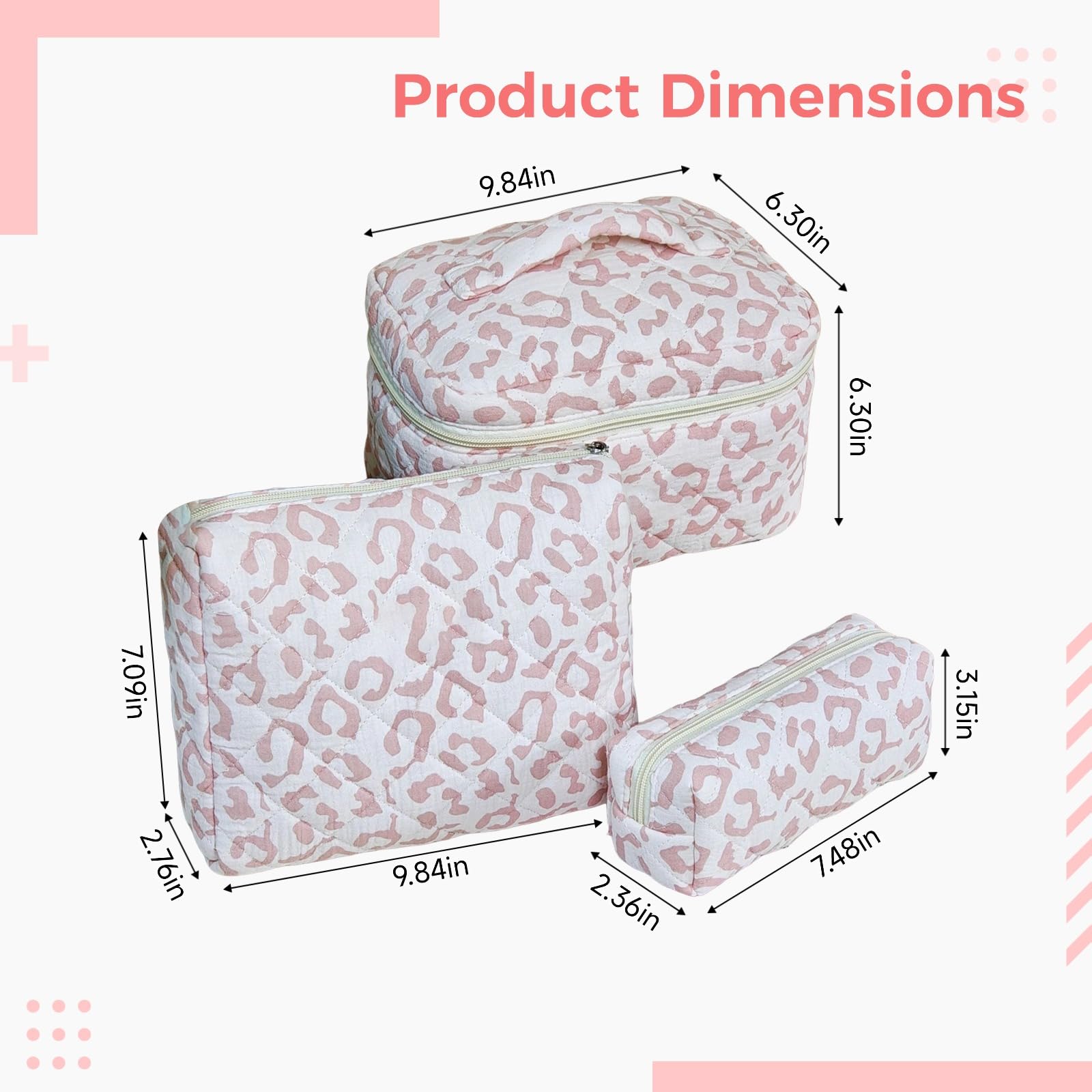 3 STK. Kosmetiktaschen Set, Pinkes Leopardenmuster, Gesteppte Baumwoll-Kulturbeutel für Reisen, Organizer mit großem Fassungsvermögen, tragbare Make-up-Pinseltasche, 29 x 17 x 4 cm