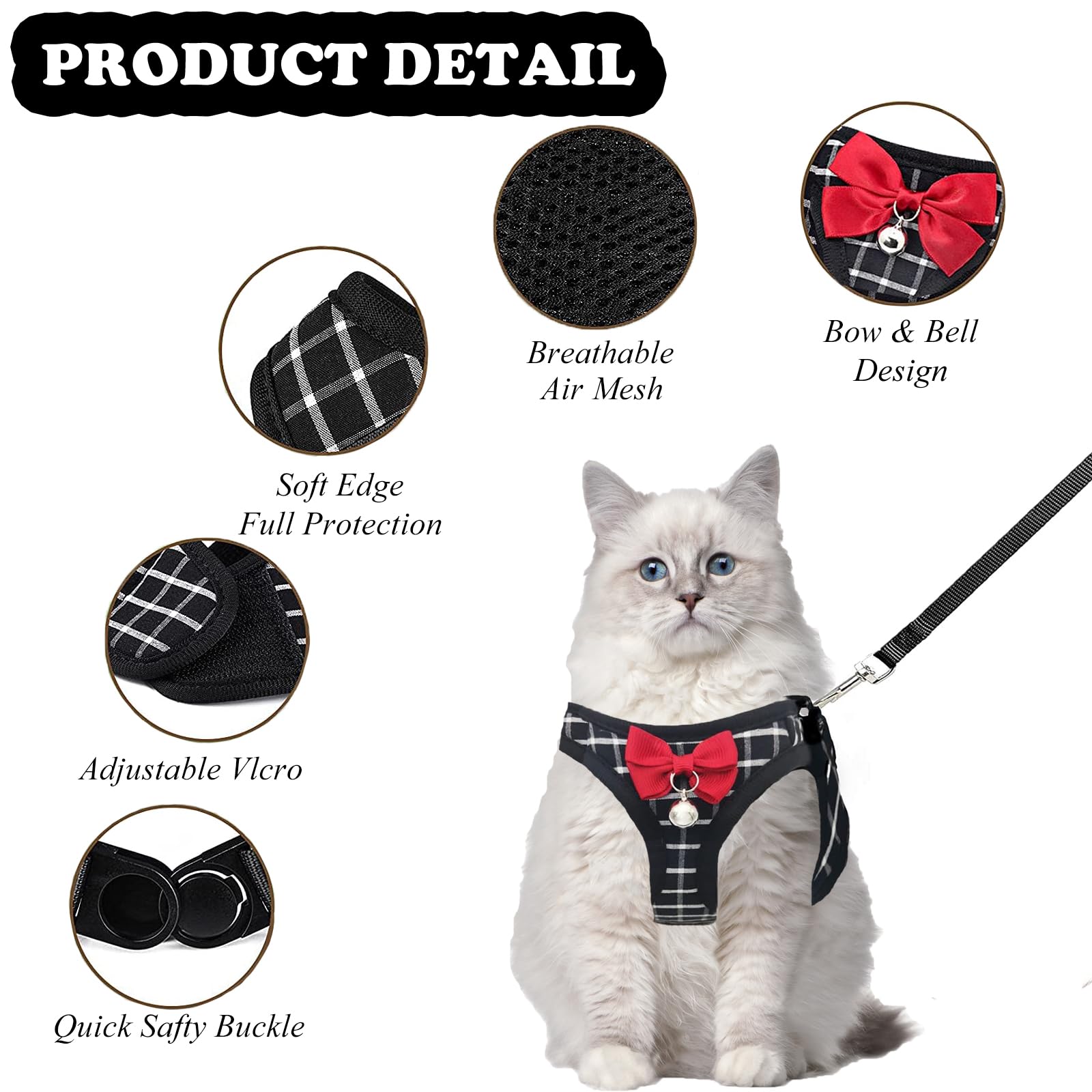 Juego de arnés y Correa para Gatos, Chaleco Suave Transpirable para Gatos y Perros, a Prueba de Escapes con decoración de Campana y Lazo para Navidad (XS, Negro)