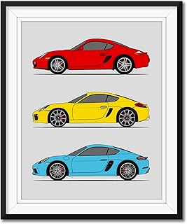 Porsche Cayman Generations (Side/Profile) Inspired Car Poster - Handmade Print of Cayman (718/981/ 987) - Red, Yellow, Blue, 8x10" Satin Print (Unframed)-Perfect Gift Car Enthusiast