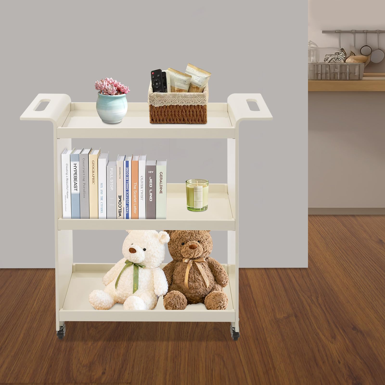SuiYuLn Rolling Side Table,Rolling Cart with Lockable Casters,Nightstand for Living Room,Bedroom,Office (Milky White)