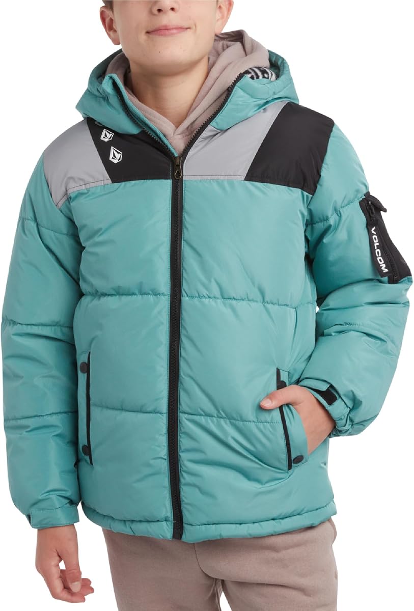 Volcom Abrigo acolchado con capucha y forro de sherpa de invierno para niños, chaqueta con cremallera completa (4-20) | Retención de calor confiable para días fríos, tela resistente a la intemperie que bloquea la lluvia y la nieve, lo suficientemente duradera para viajar al patio de juegos