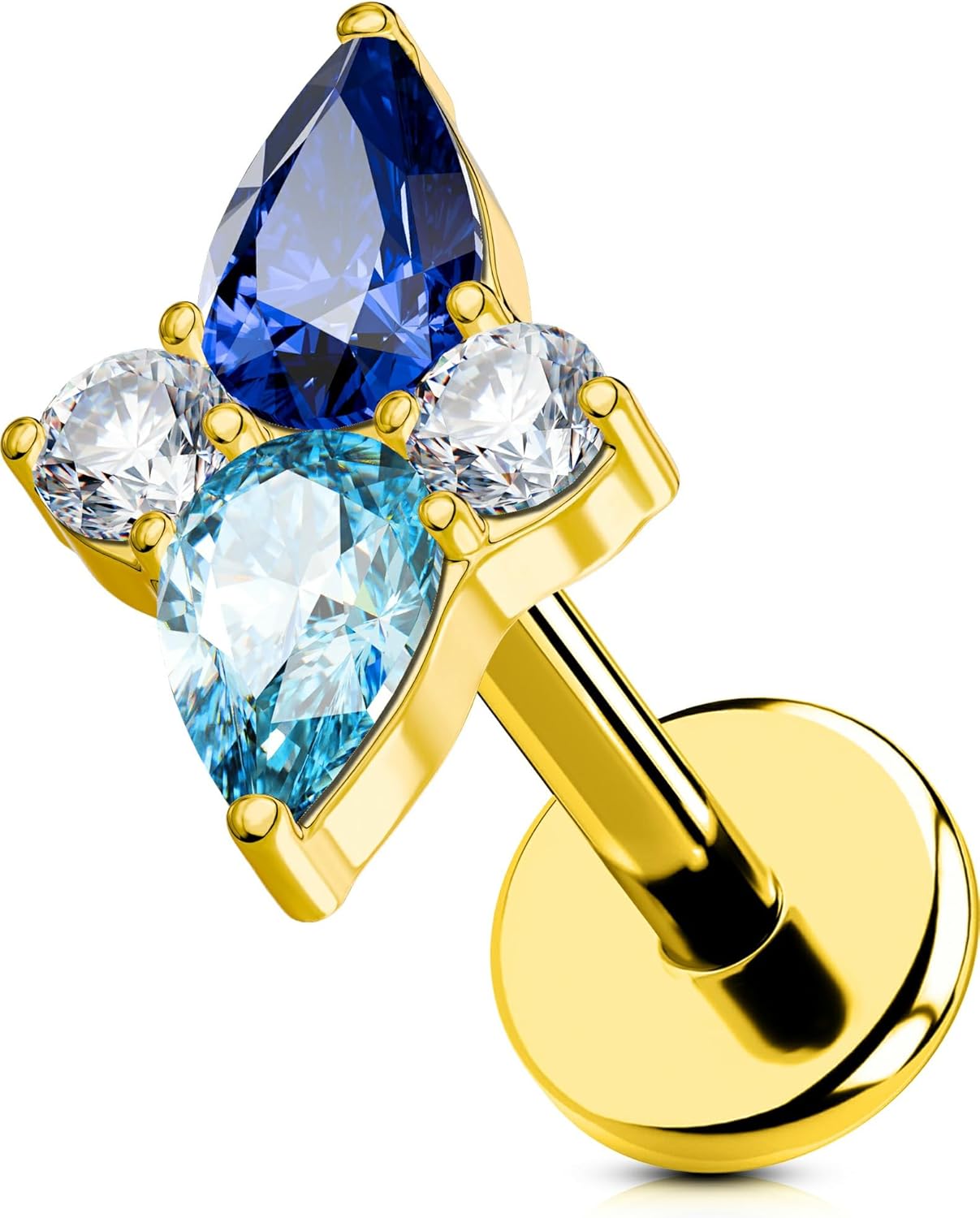 OUFER Helix Piercing Jewelry 18G Blue gradient CZ Flat Back Threadless Labret Lip Piercing, G23 Solid Titanium Forward Helix Earrings, Push Pin Cartilage Tragus Earrings For Women Men