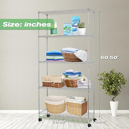 Miniatura 7 de Estantería de 5 niveles con ruedas, estante de almacenamiento de metal resistente NSF de altura ajustable para lavandería, baño, cocina, garaje,