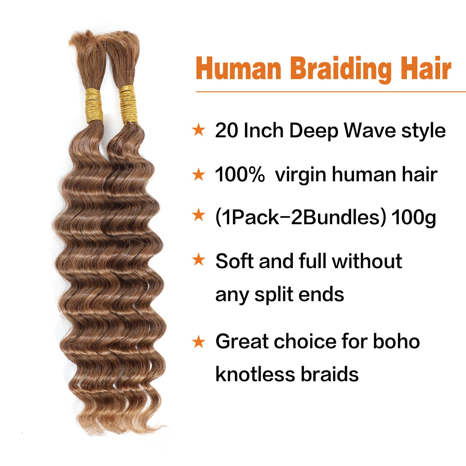 Humistwbiu Bulk Human Hair for Micro Braiding Human Hair 100% Unprocessed Brazilian No Weft Deep Wave Human Braiding Hair 20 Inch 100g Brown - Image 2