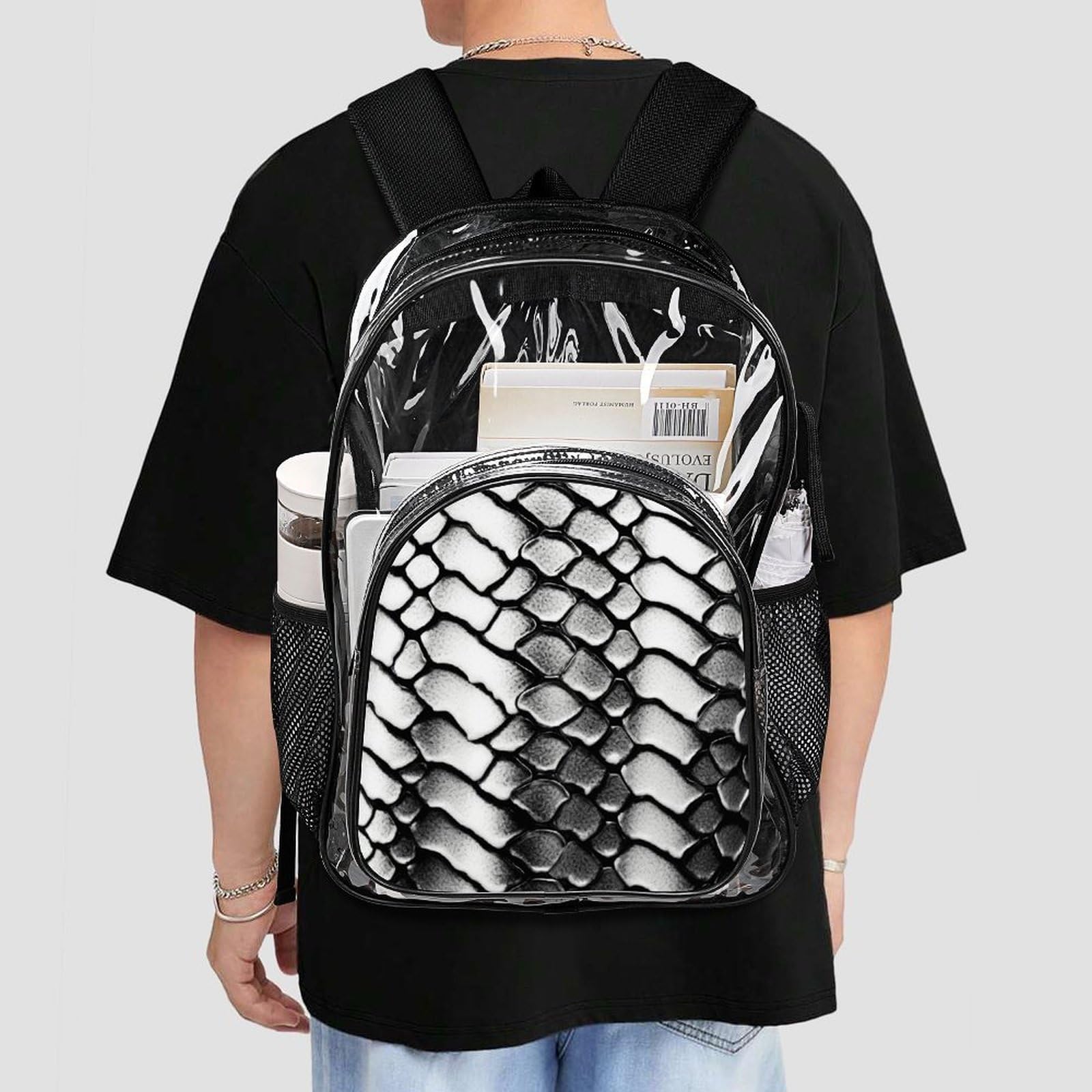 Transparenter Rucksack, Schlangenhaut-Optik, groß, transparent, PVC, Büchertasche für Sicherheit, Arbeit, Reisen, Stadion, Schwarz und Weiß