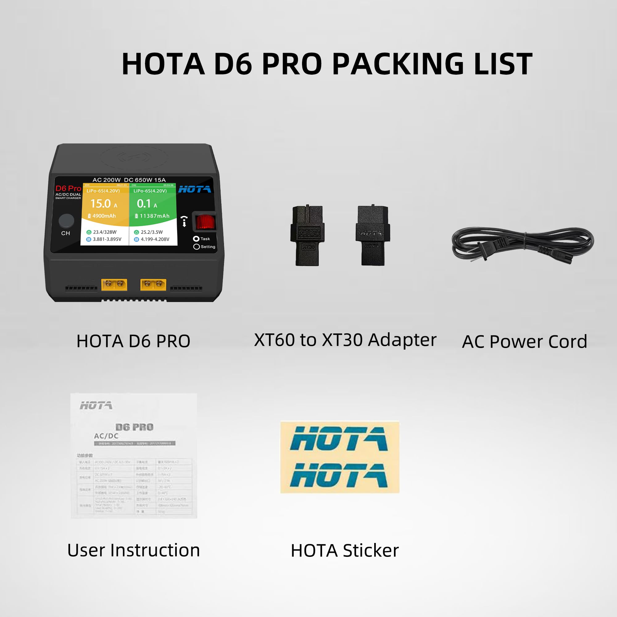 HOTA D6 Pro Dual Channel Smart Charger AC200W/DC650W (15A x2) - per 1-6S LiPo/LiHV/NiMH/Pb batteria, con LCD a colori, pannello di ricarica wireless e USB 5V - Compatibile con RC auto, barca, FPV