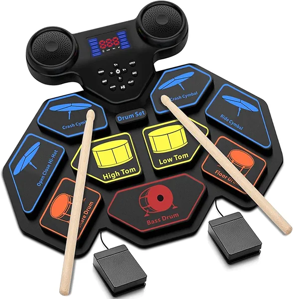 Electronic Drum Set - YUOIOYU Electric Drum Set Roll Up Portable Drum Kit MIDI Practice Drum Pad with Dual Built-in Speaker, Drum Sticks and Pedals, Christmas Birthday Gift for Kids Adult
